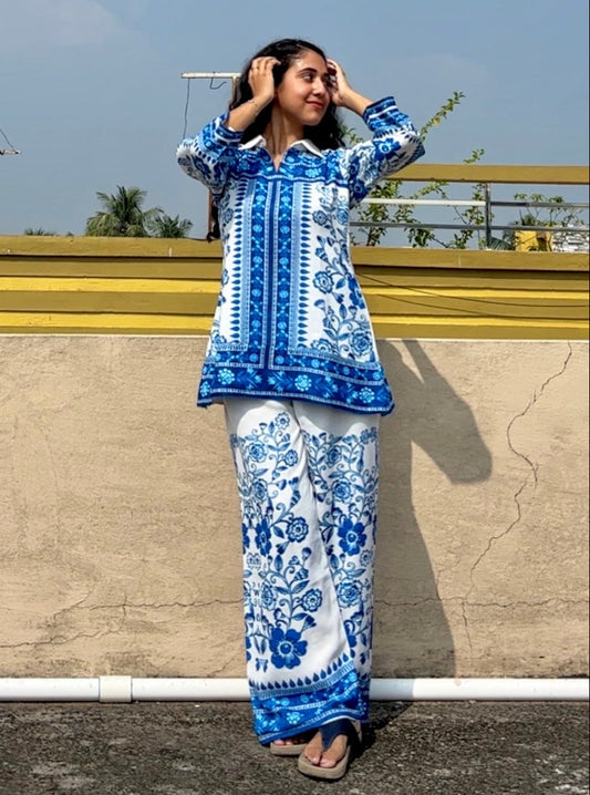 Blue & WHite Printed Linen Co-ord Set