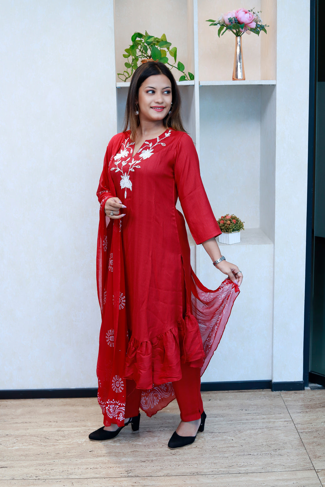 Frill Details Embroidered Kurti Set With Dupatta