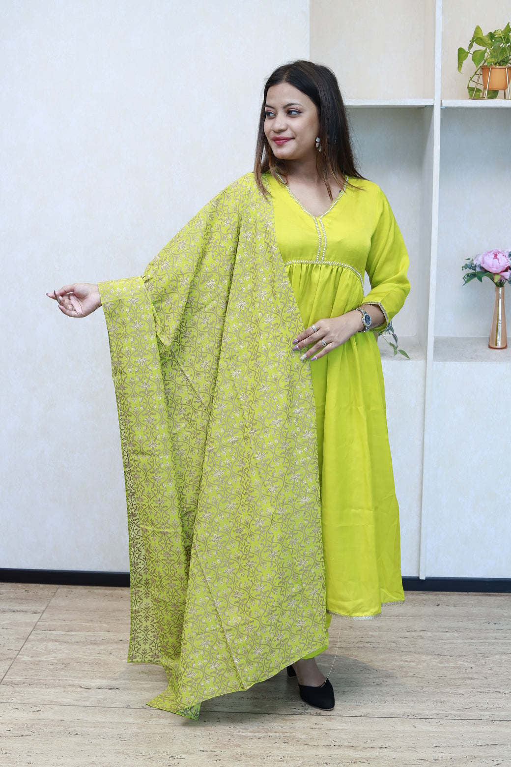 Neon Yellow Kurti Set With Printed Brocade Dupatta