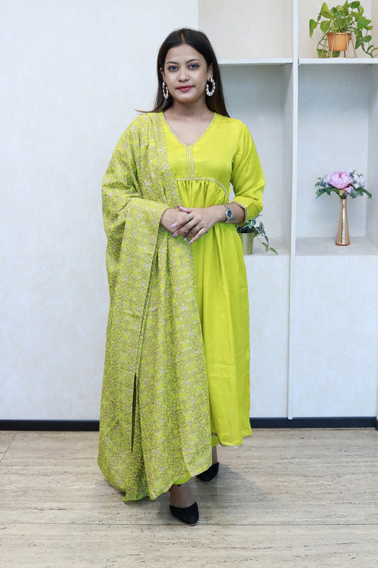 Neon Yellow Kurti Set With Printed Brocade Dupatta