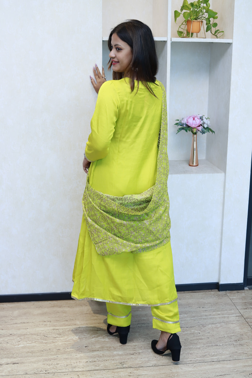 Neon Yellow Kurti Set With Printed Brocade Dupatta