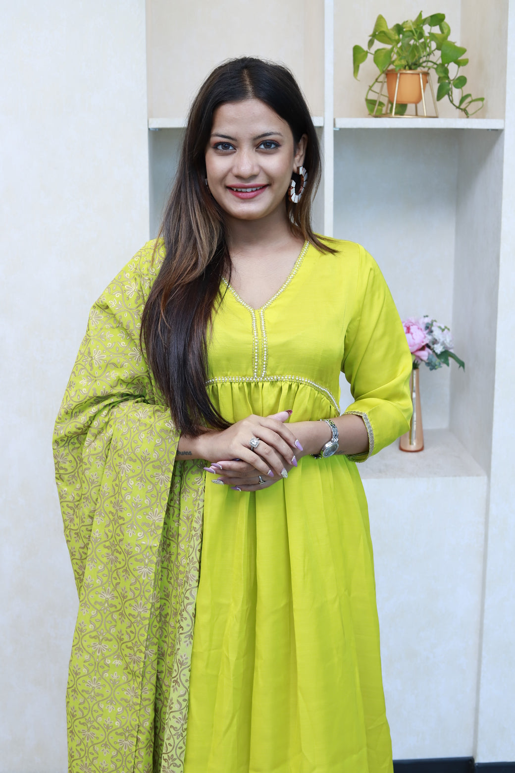 Neon Yellow Kurti Set With Printed Brocade Dupatta