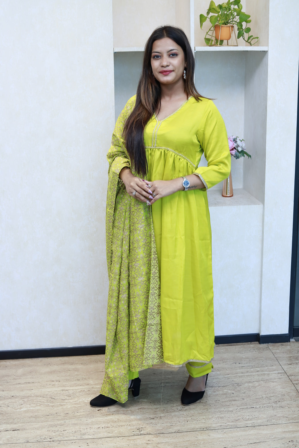 Neon Yellow Kurti Set With Printed Brocade Dupatta