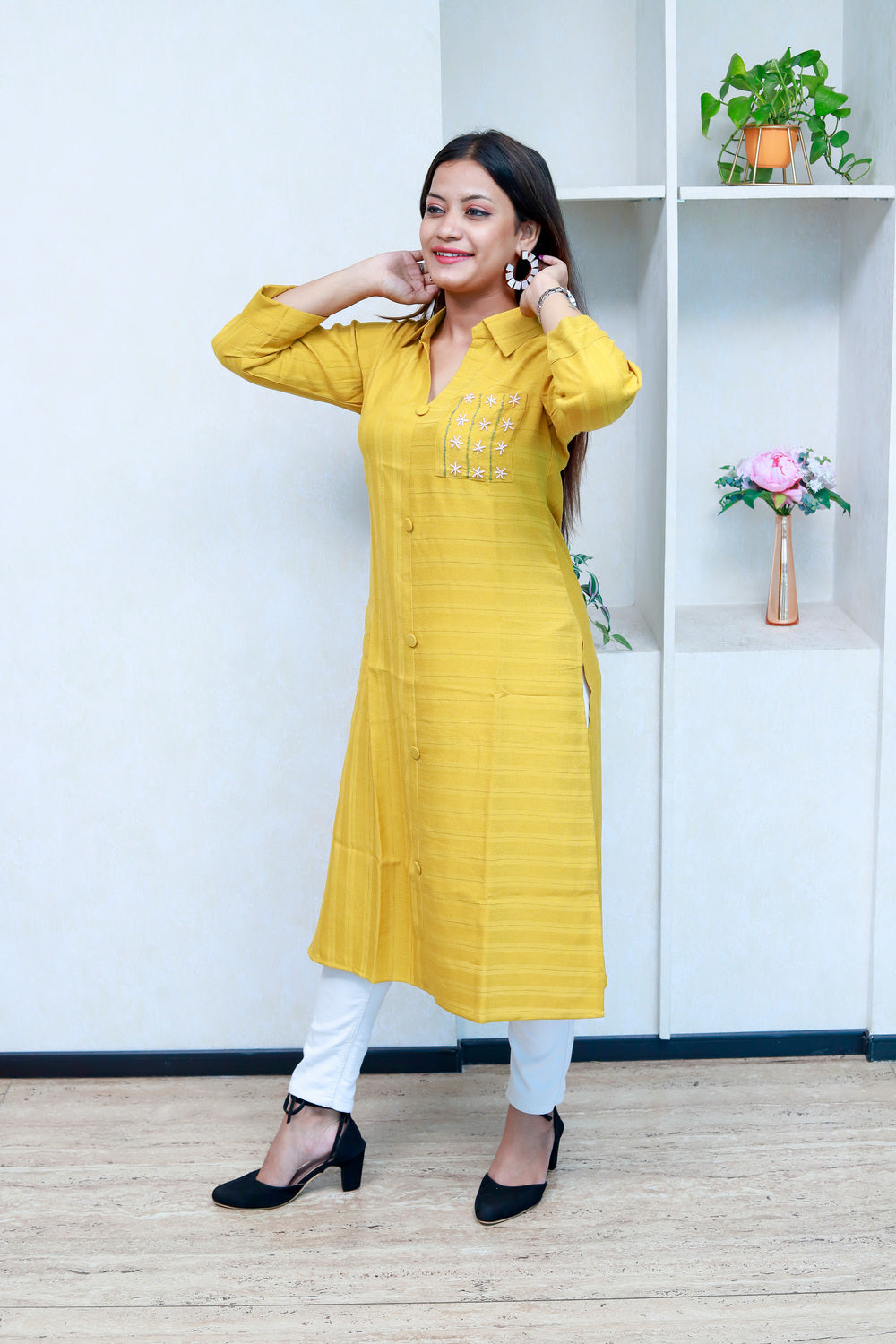 Shirt Style Kurti With Embroidered Pocket