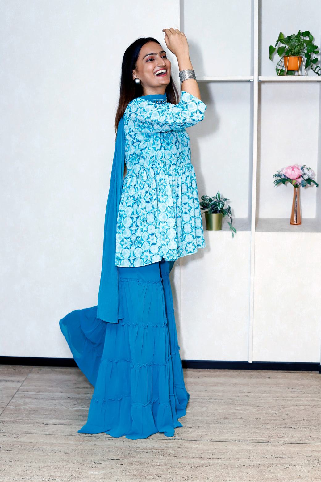 Printed Kurti With Gharara Pants And Choker Style Dupatta