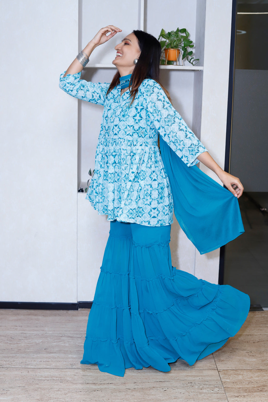 Printed Kurti With Gharara Pants And Choker Style Dupatta