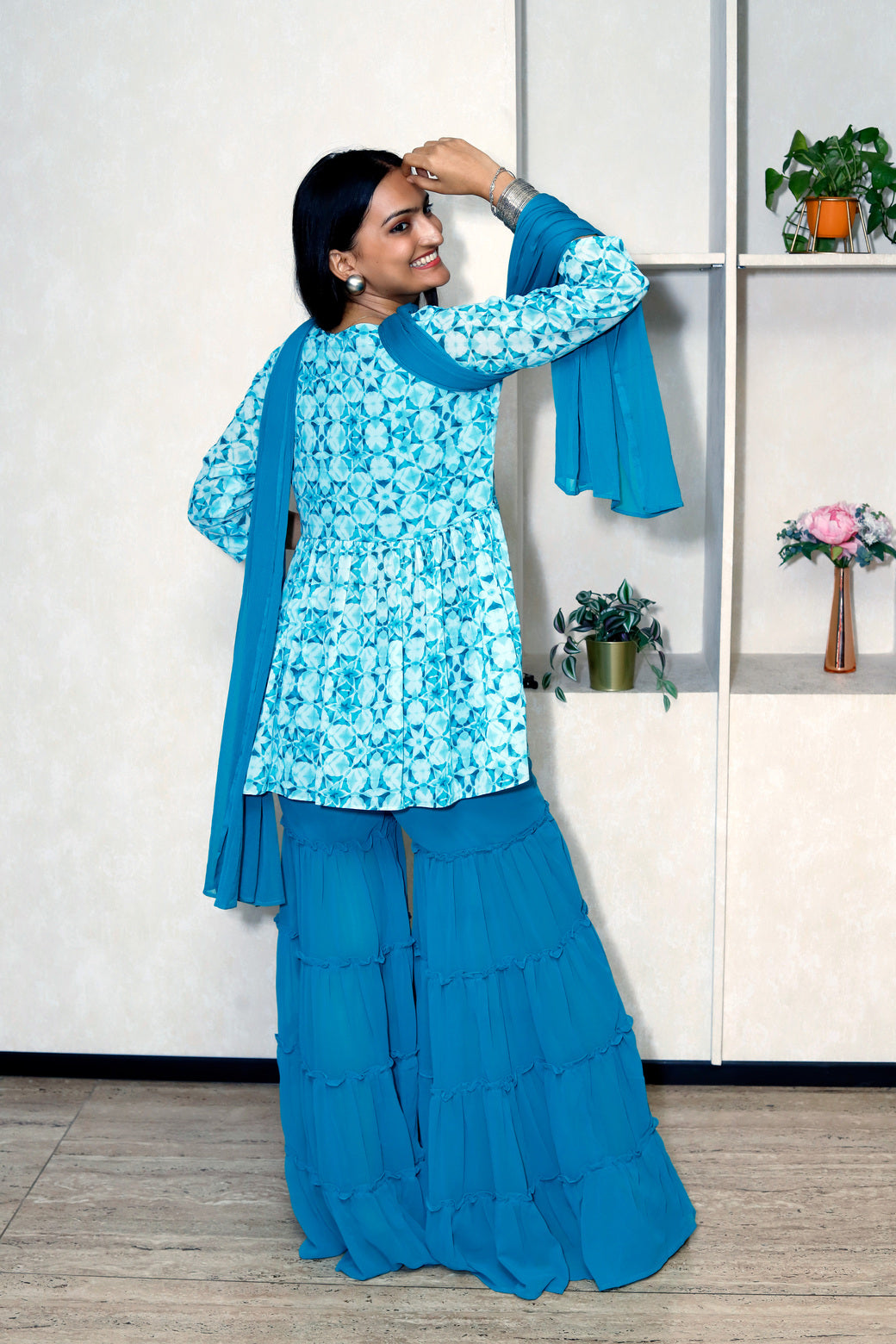 Printed Kurti With Gharara Pants And Choker Style Dupatta