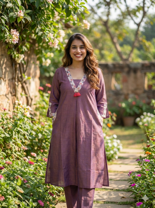 Plum Two Tone Kurti Pant Set