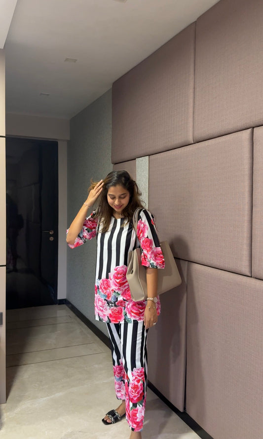 Black & White Striped Floral Printed Co-ord Set for Women – Winter Wear