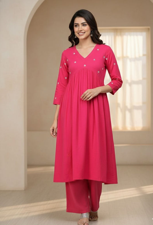 Pink Embroidered Flared Kurti Pant Set for Women with V Neck Design
