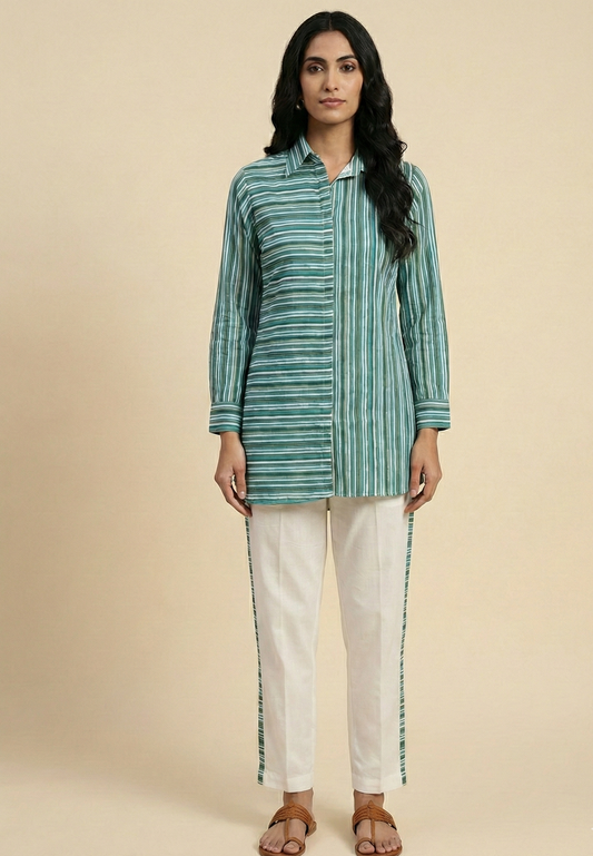 Striped Shirt Style Top for Women with Straight Pants Co-ord Set