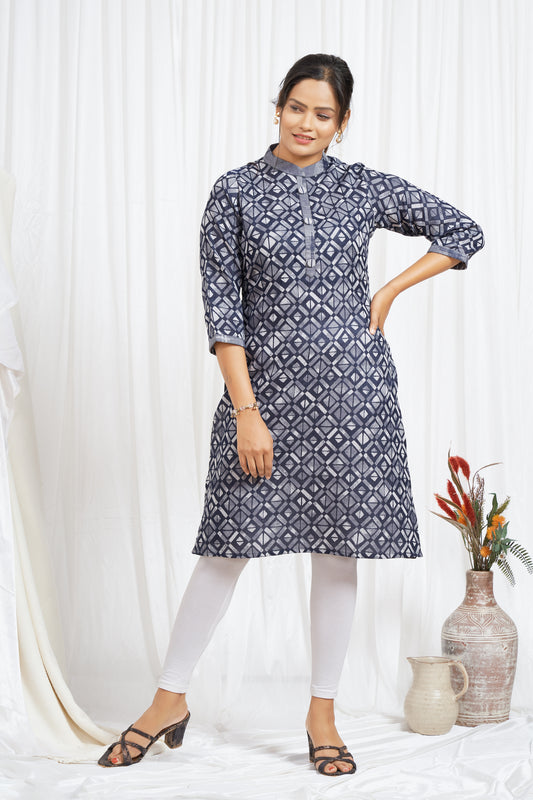 Denim Blue Self Weave Patterned Kurti