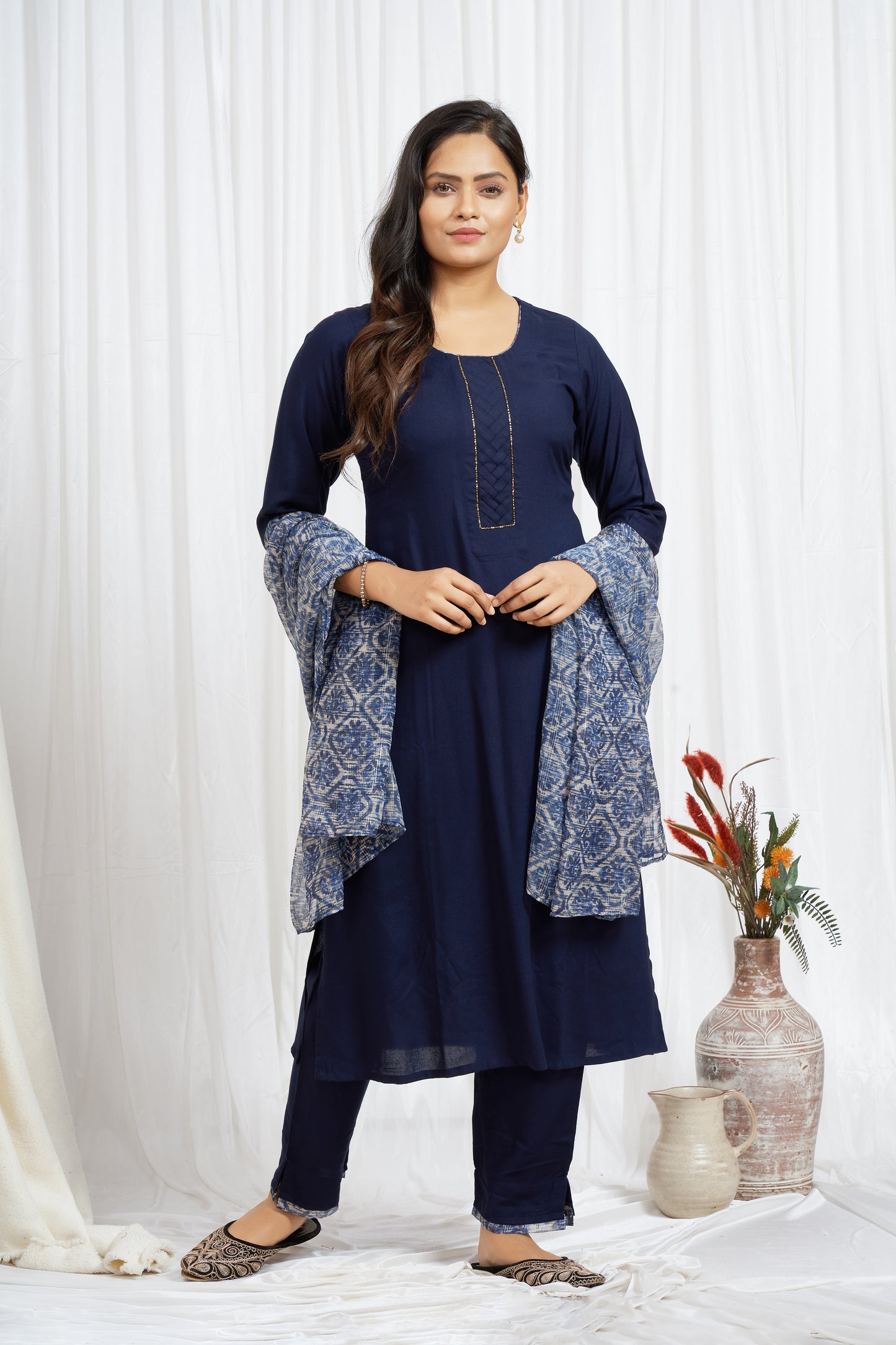 Navy Blue Rayon Kurti Set With Abstract Printed Dupatta