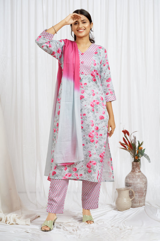 Pink Floral And Checks Printed Kurti Set With Dupatta