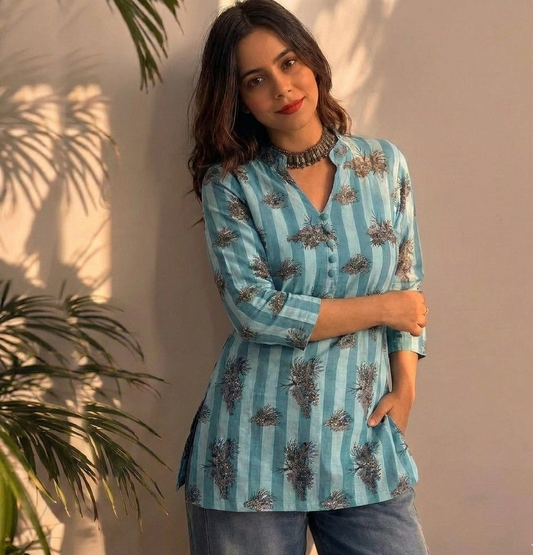 Aqua Stripe Printed Short Tunic