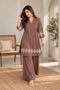 Brown Embroidered Co-ord Set with White Threadwork