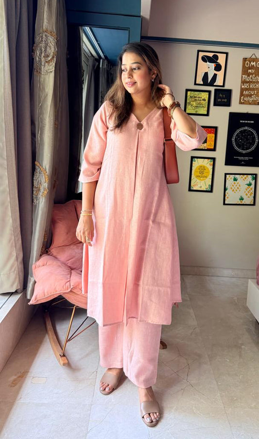 Blush Pink Linen Kurti Set