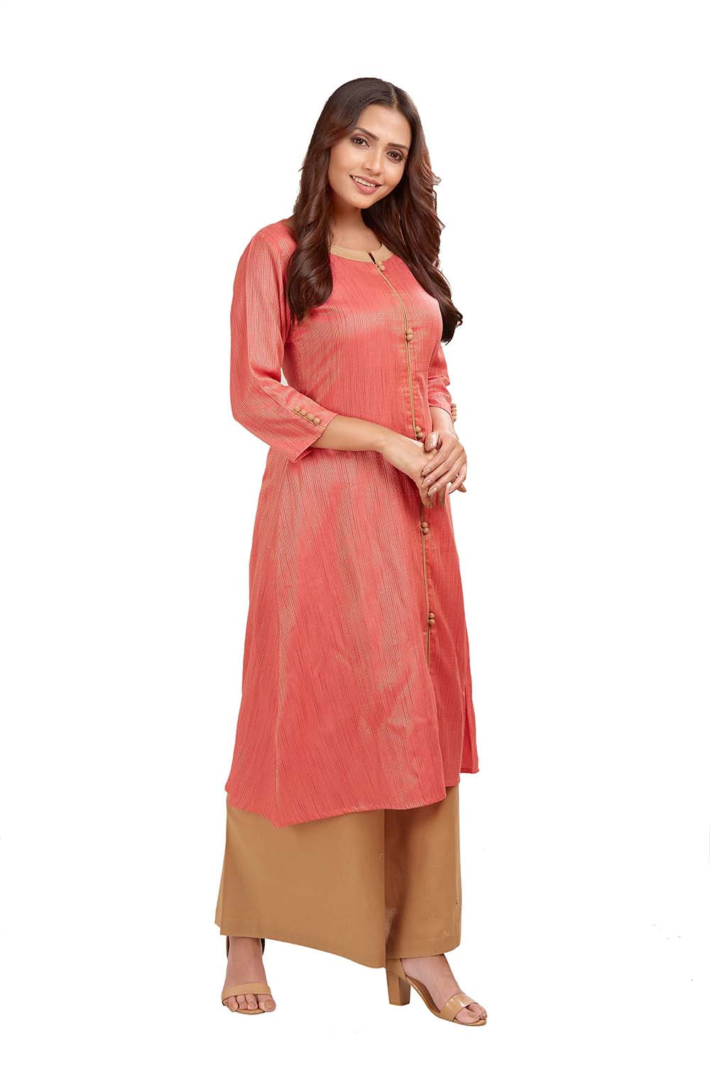 Women Cotton Blend Pink Kurti And Palazzo Set