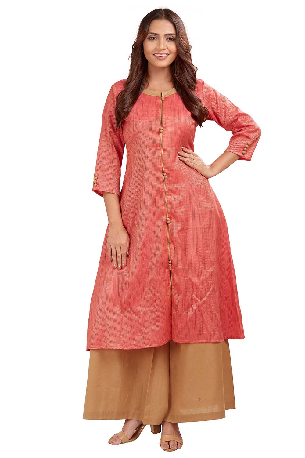 Women Cotton Blend Pink Kurti And Palazzo Set