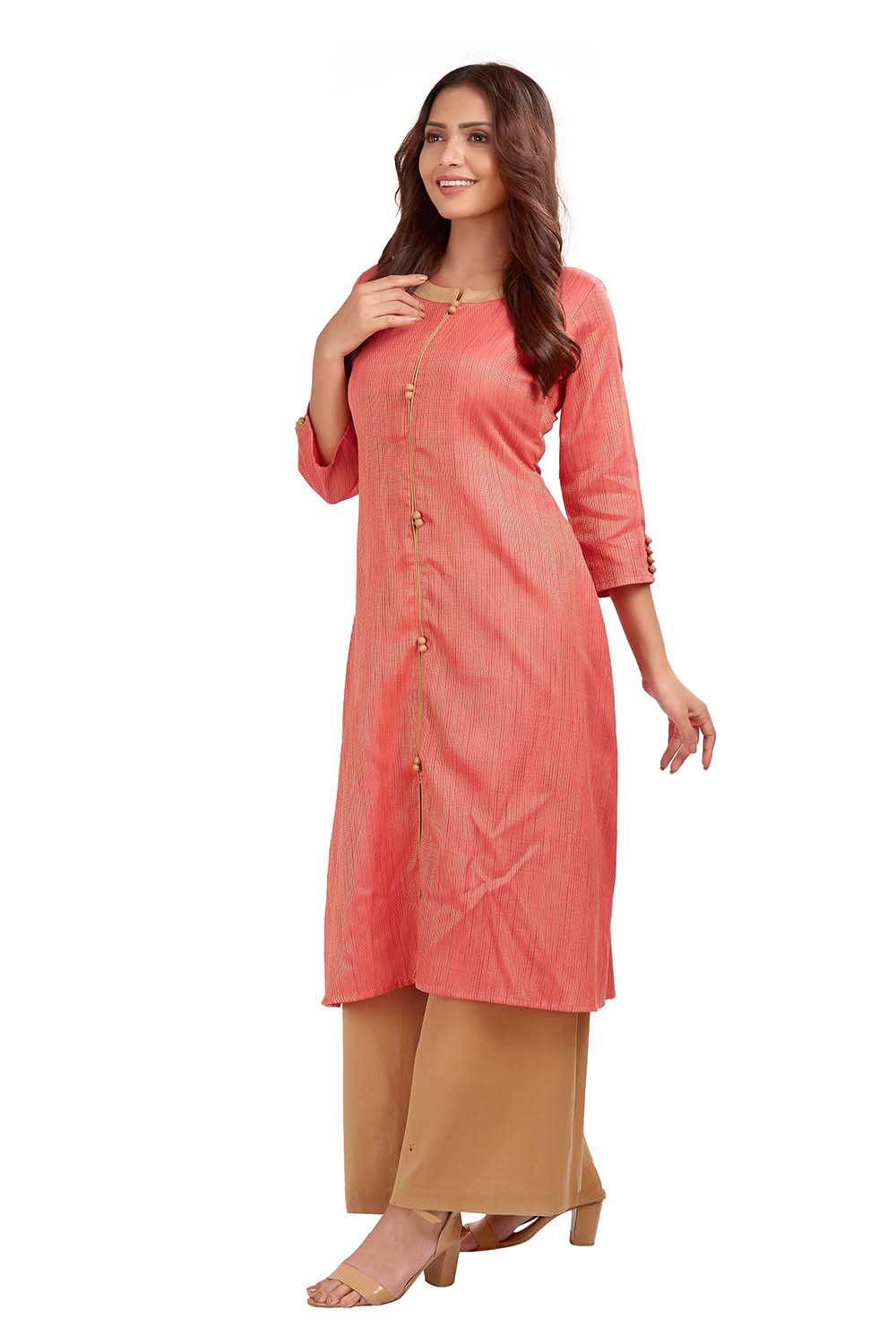 Women Cotton Blend Pink Kurti And Palazzo Set