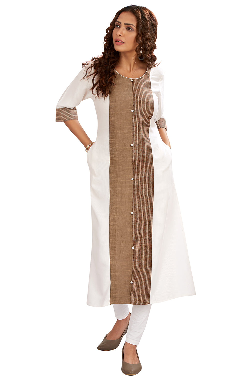 Fancy Button Detail Kurti In White Colour