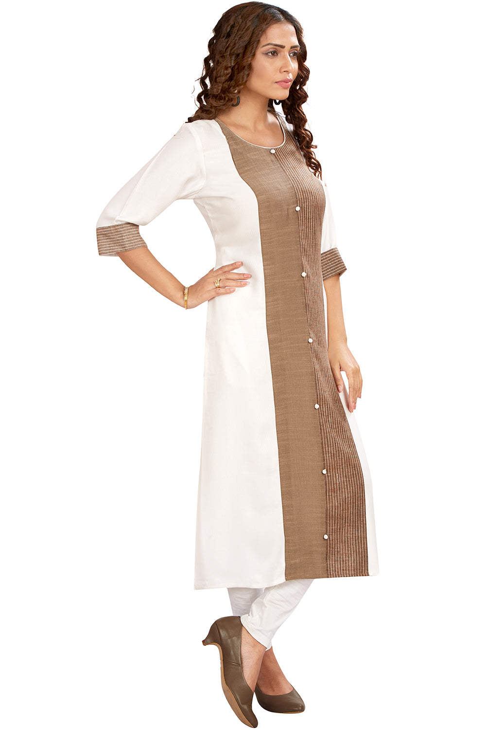 Fancy Button Detail Kurti In White Colour