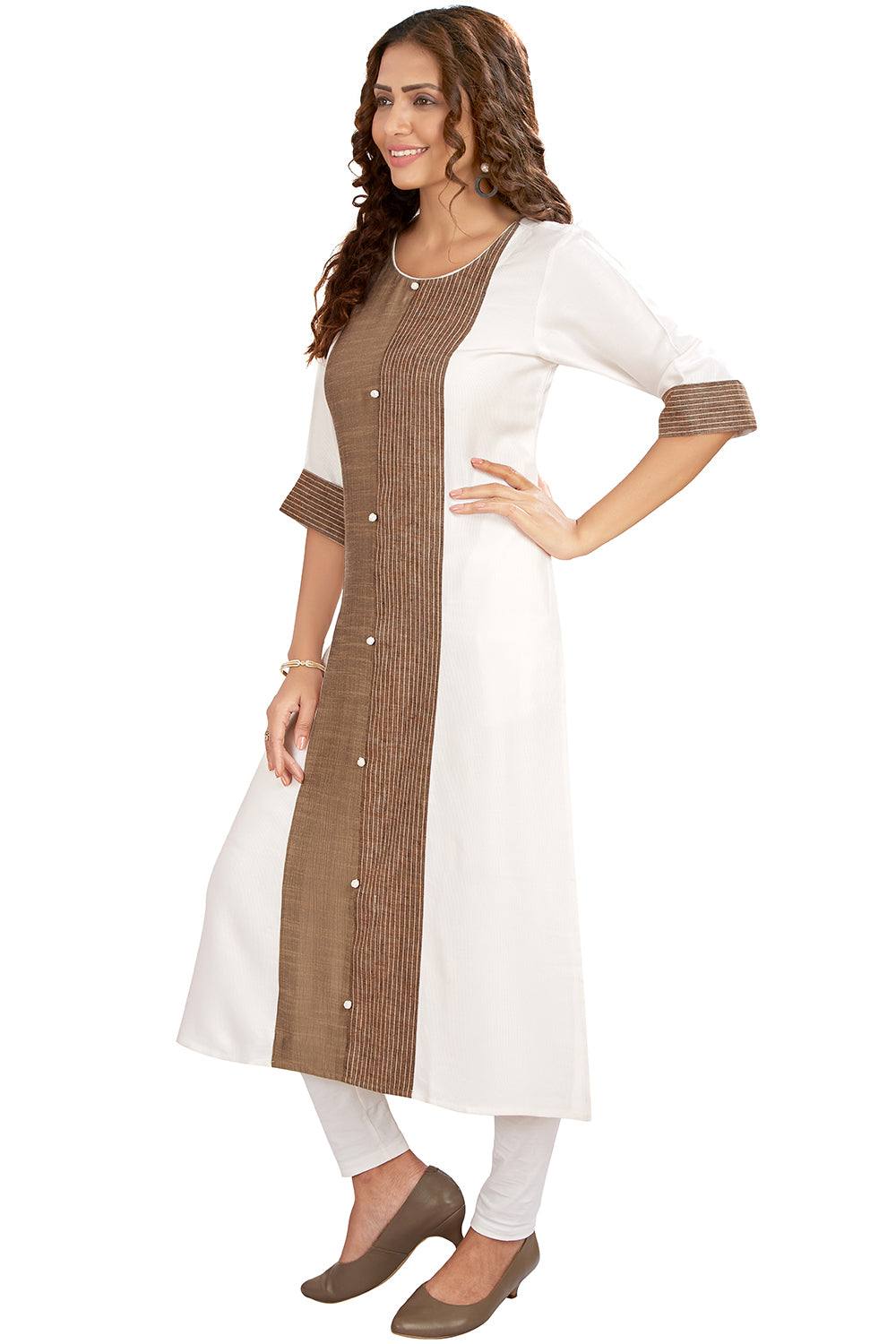 Fancy Button Detail Kurti In White Colour