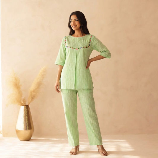 Leaf Green Embroidered Yoke Co-ord Set