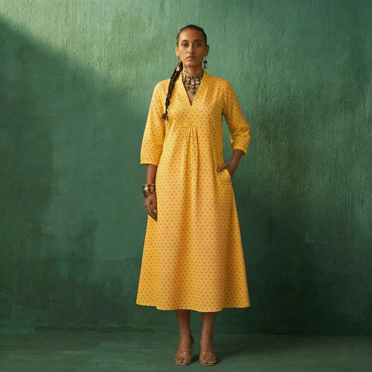 Yellow Polka Dot Weaved A-Line Kurta