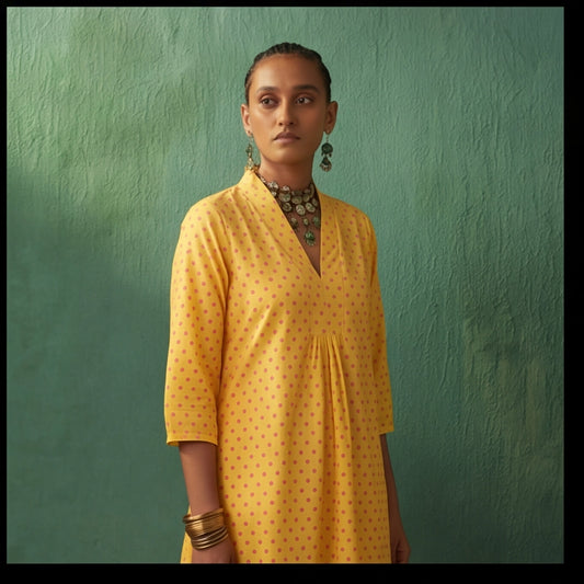 Yellow Polka Dot Weaved A-Line Kurta