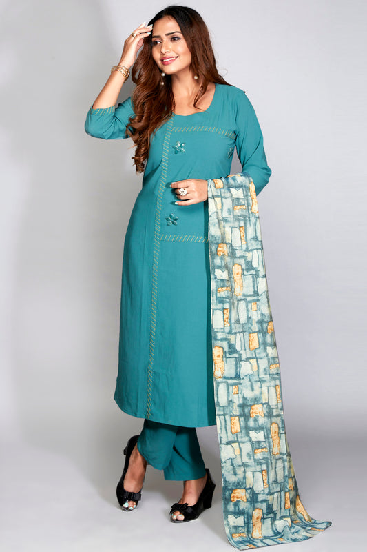 Embroidered Kurti Set With Printed Dupatta