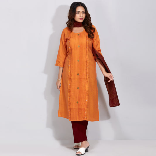 Fancy Floral Button Detail Kurti Set With Dupatta