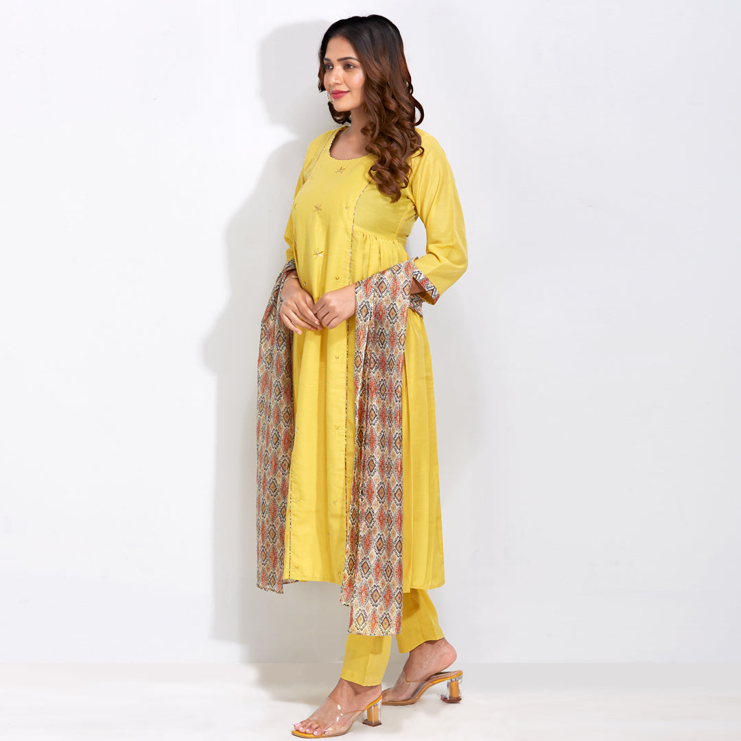 Embroidered Kurti Set With Printed Dupatta