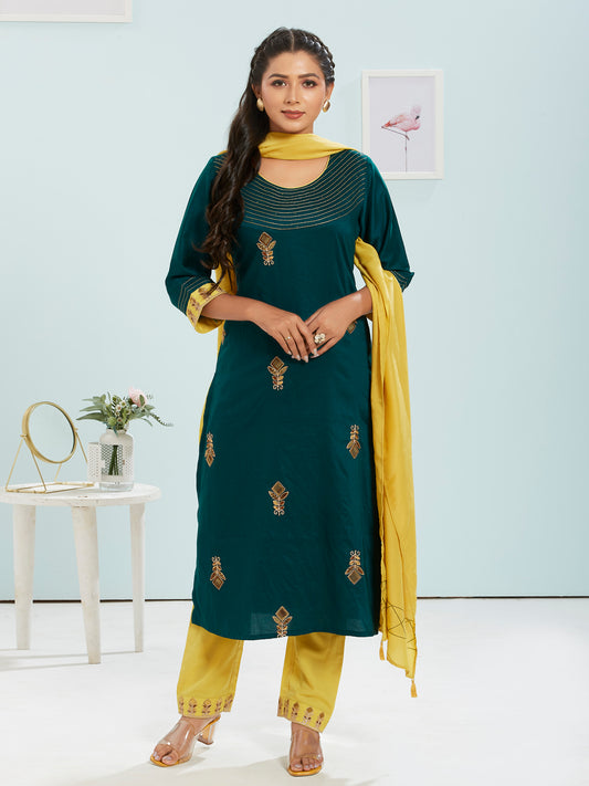 Bottle Green Colour Kurti Set With Dupatta