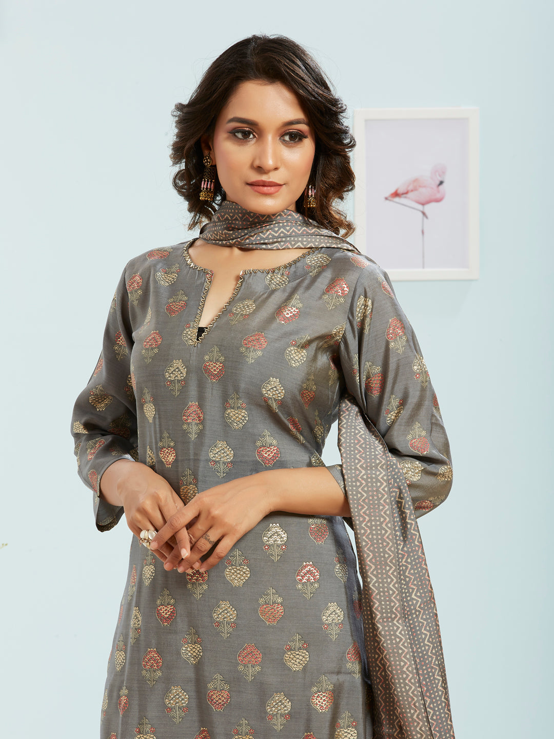 Floral Foil Printed Kurti Set With Dupatta