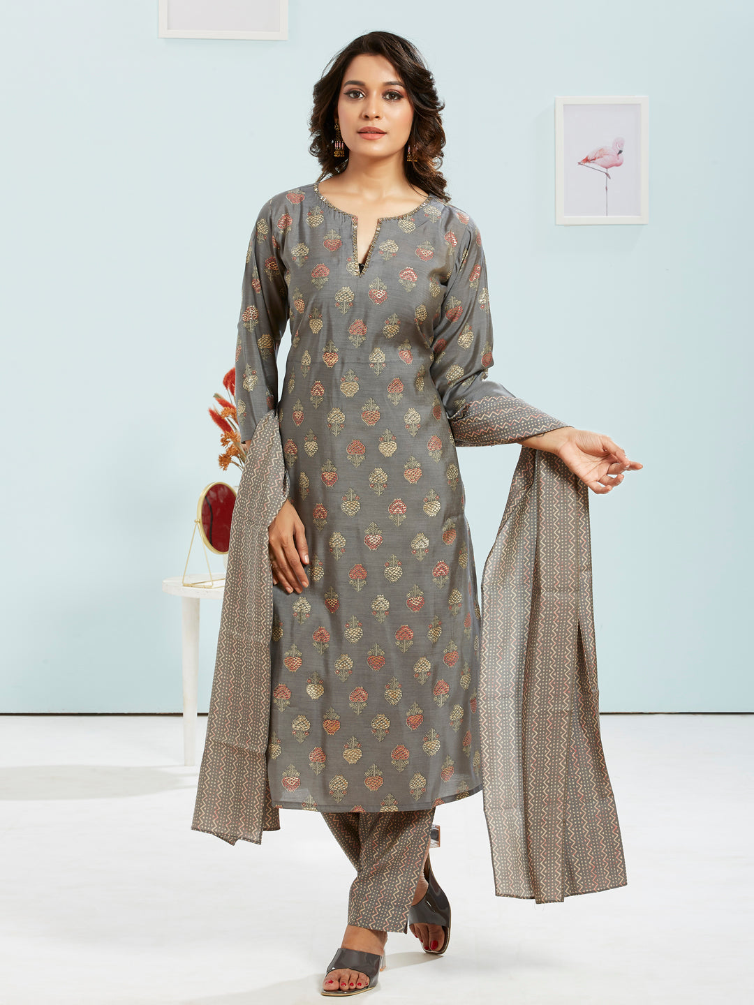 Floral Foil Printed Kurti Set With Dupatta