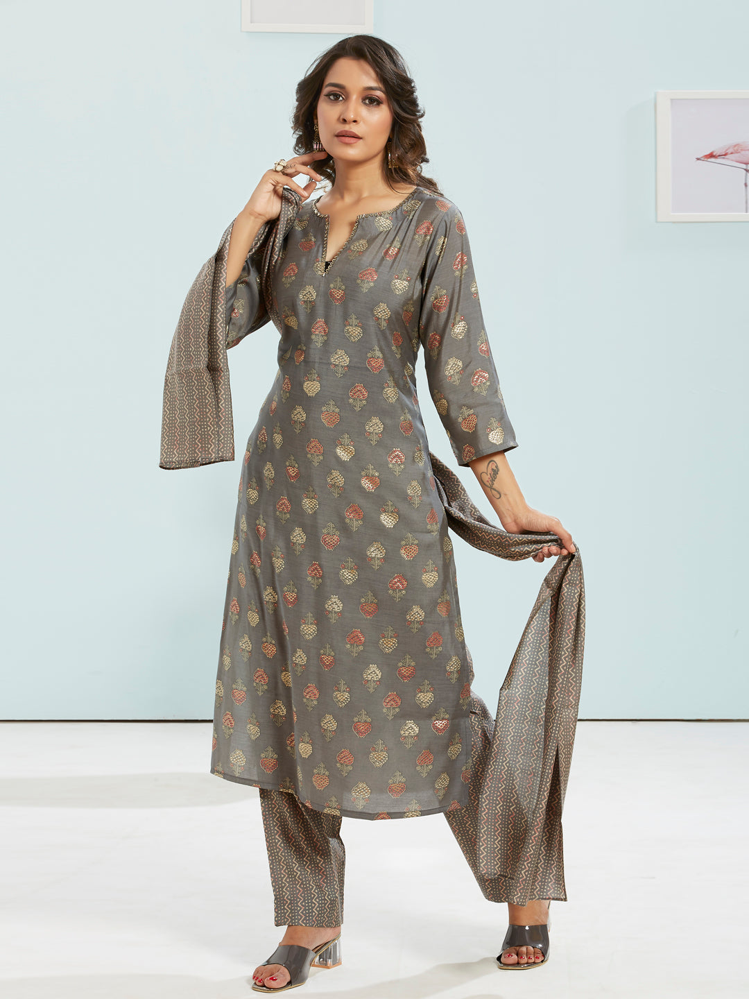 Floral Foil Printed Kurti Set With Dupatta