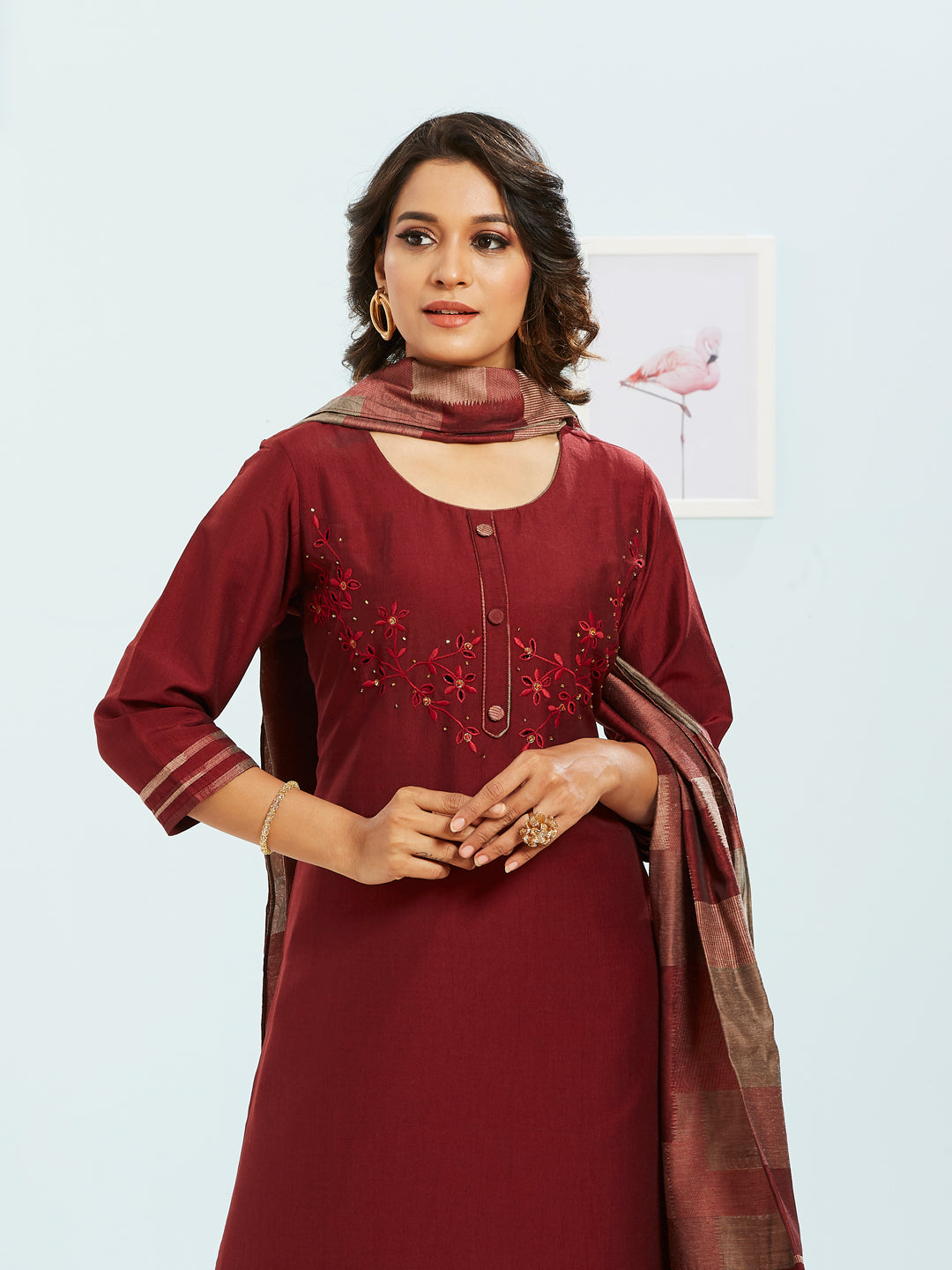 Wine Colour Kurti Set With Printed Dupatta