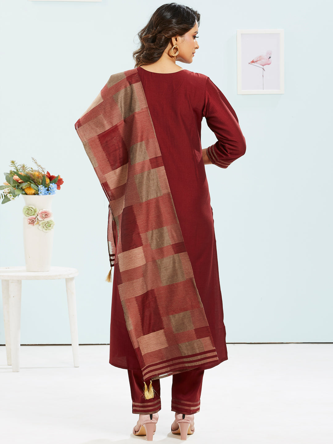 Wine Colour Kurti Set With Printed Dupatta