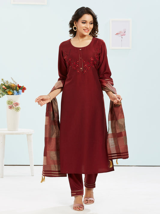 Wine Colour Kurti Set With Printed Dupatta