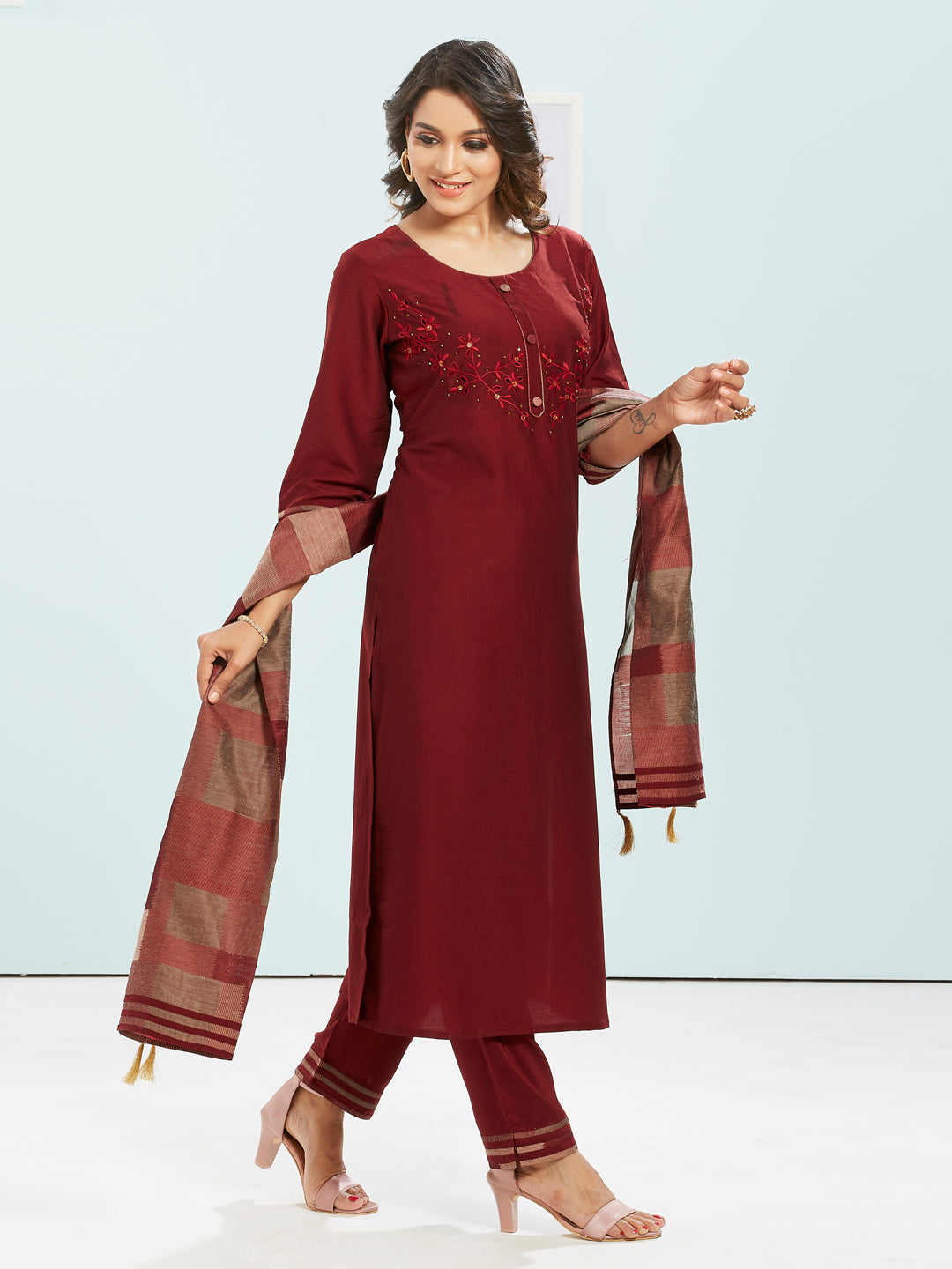 Wine Colour Kurti Set With Printed Dupatta