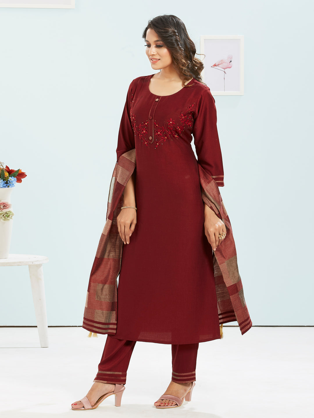 Wine Colour Kurti Set With Printed Dupatta