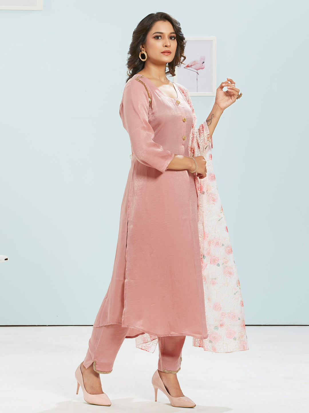 Embellished Kurti Set With Floral Printed Dupatta