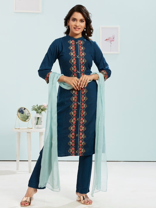 Collar Neck Kurti Set With Dupatta