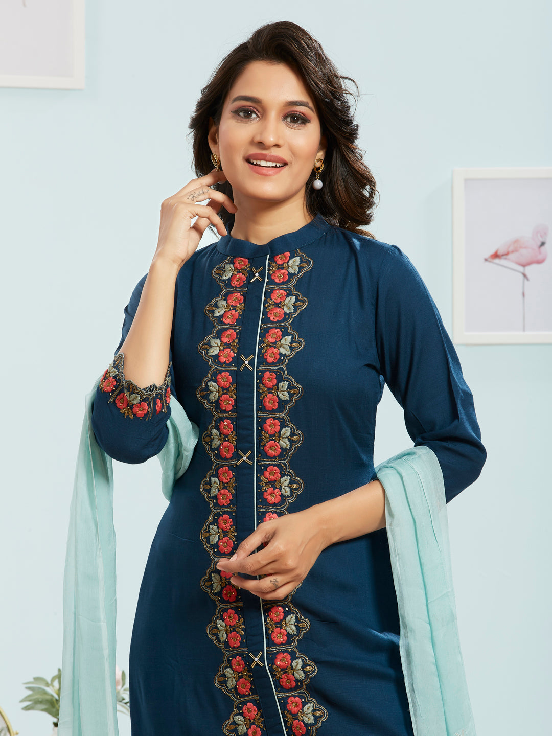 Collar Neck Kurti Set With Dupatta