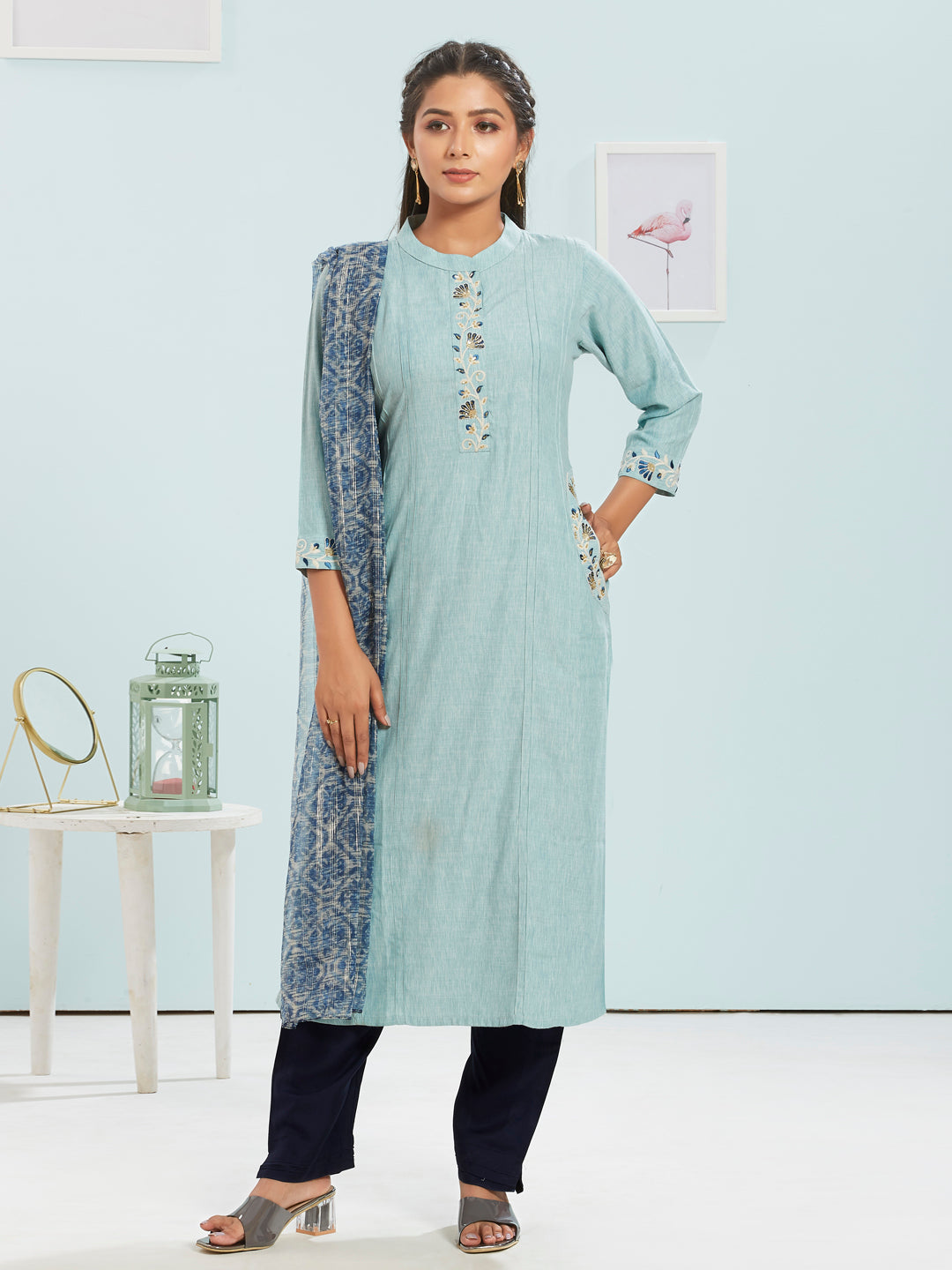 Collar Neck Kurti Set With Printed Dupatta