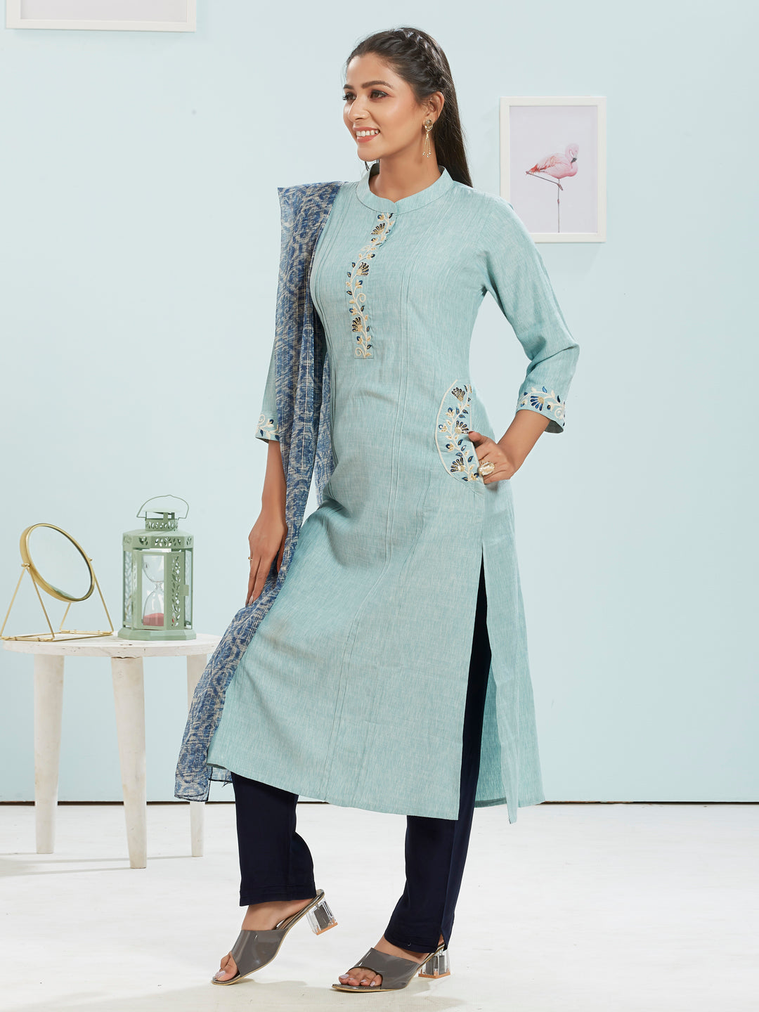 Collar Neck Kurti Set With Printed Dupatta