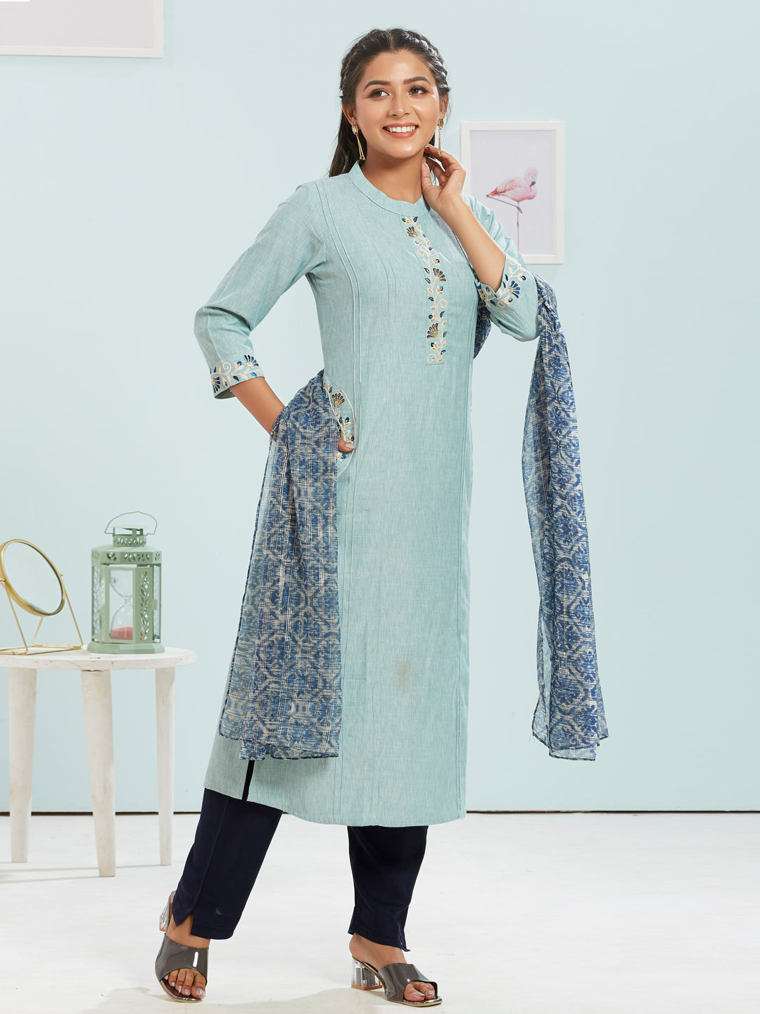 Collar Neck Kurti Set With Printed Dupatta