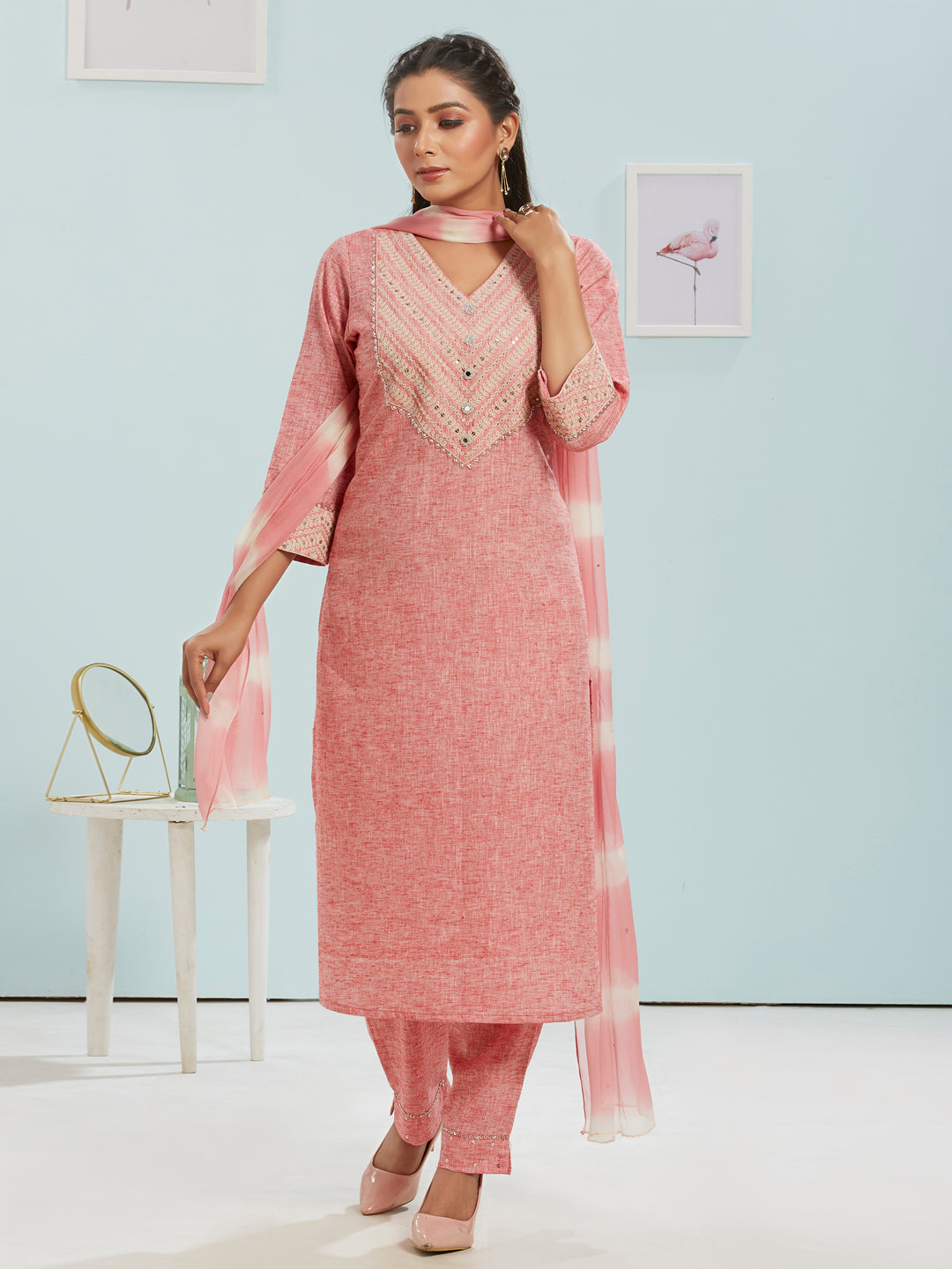 Mirror Work Kurti Set With Dupatta