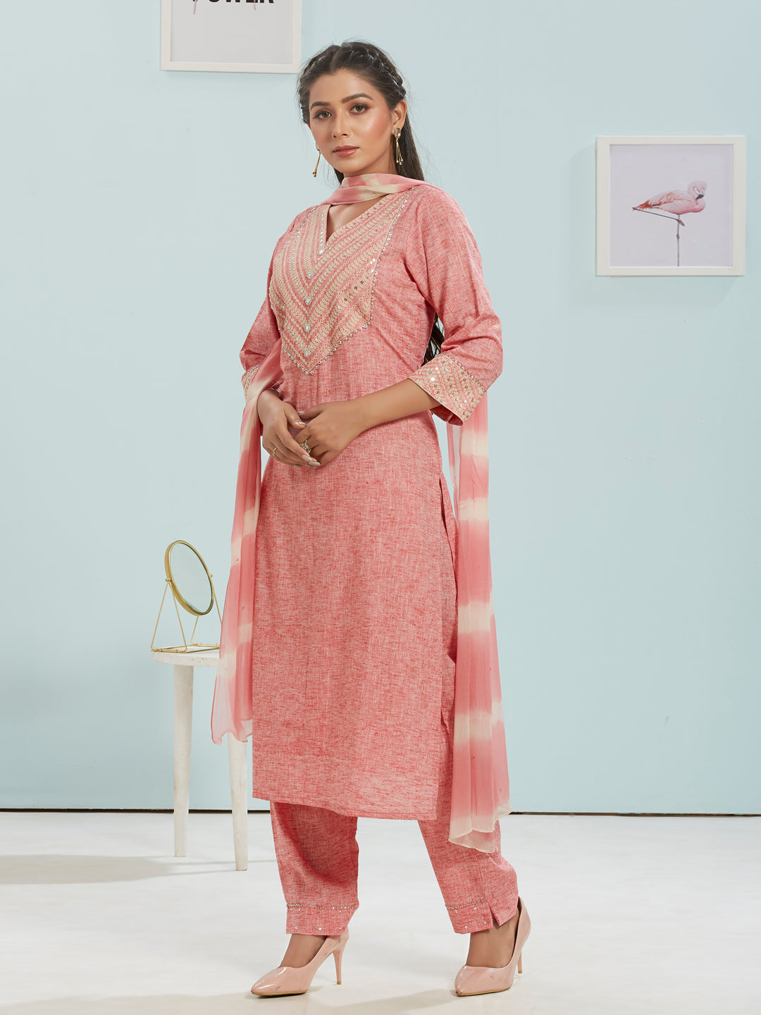 Mirror Work Kurti Set With Dupatta